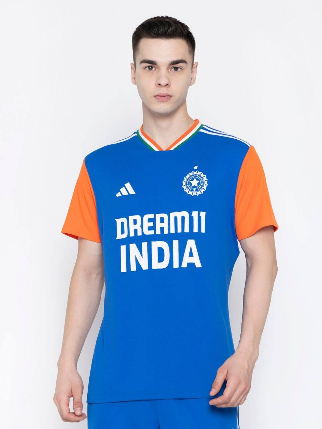 ADIDAS Printed Men V Neck Blue T-Shirt