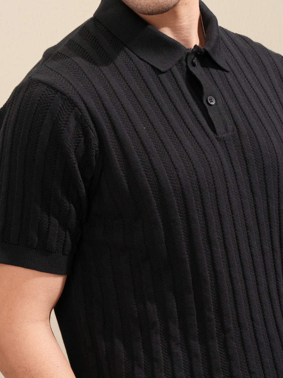 Image of HIGHLANDER Self Design Men Polo Neck Black T-Shirt