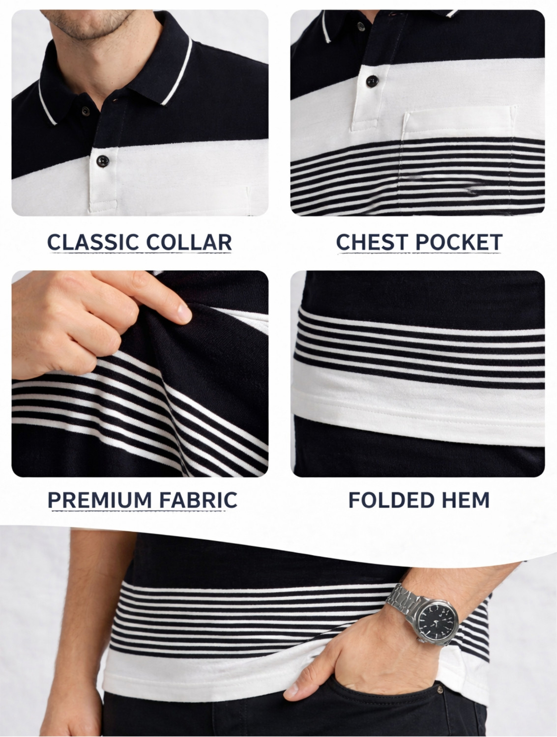 Image of SANE ORIGINALS Striped Men Polo Neck Black, White T-Shirt