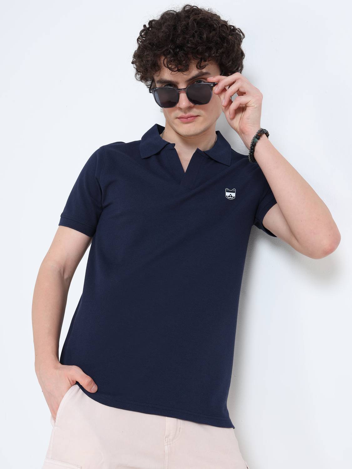 Glitchez Solid Men Polo Neck Navy Blue T-Shirt - Buy Glitchez