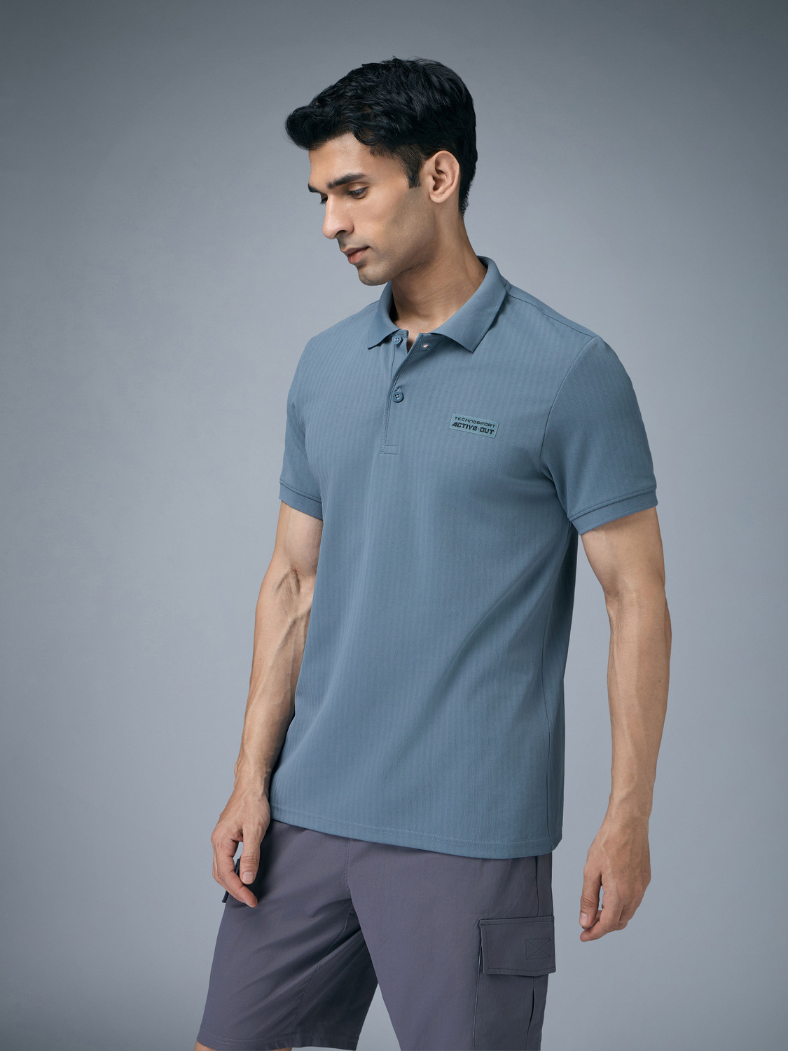 Image of TECHNOSPORT Striped Men Polo Neck Blue T-Shirt