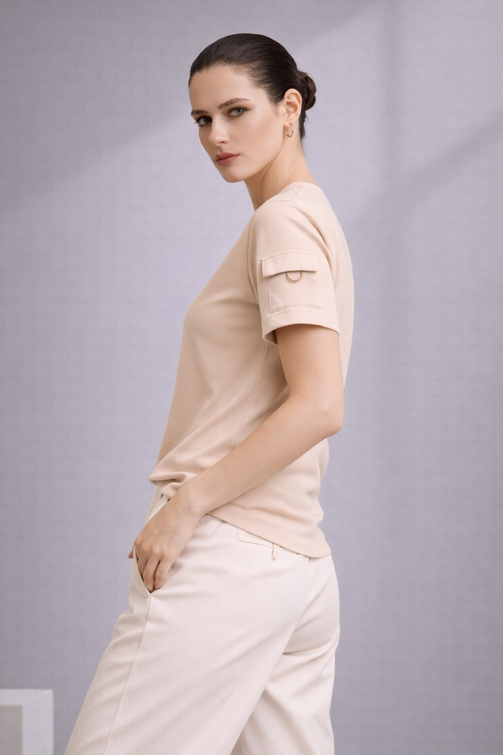Image of Adyavastram Solid Women Round Neck Beige T-Shirt
