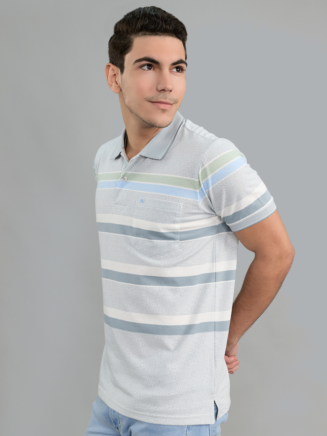 Image of MONTE CARLO Striped Men Polo Neck Grey T-Shirt