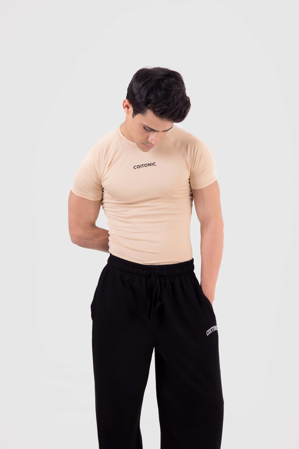 Image of COITONIC Printed Men Round Neck Beige T-Shirt