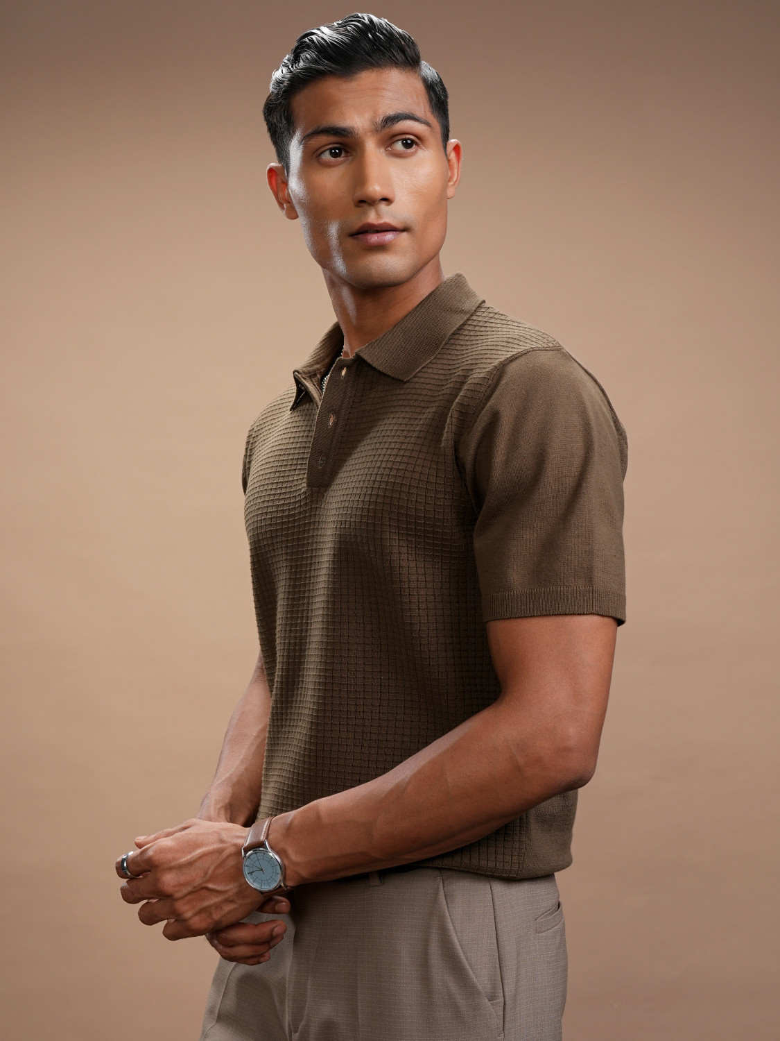 Image of HIGHLANDER Self Design Men Polo Neck Brown T-Shirt