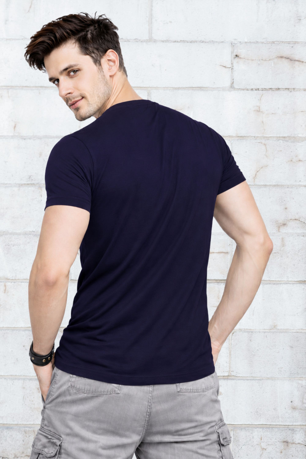 Image of SMARTRIX Solid Men Round Neck Beige, Navy Blue T-Shirt
