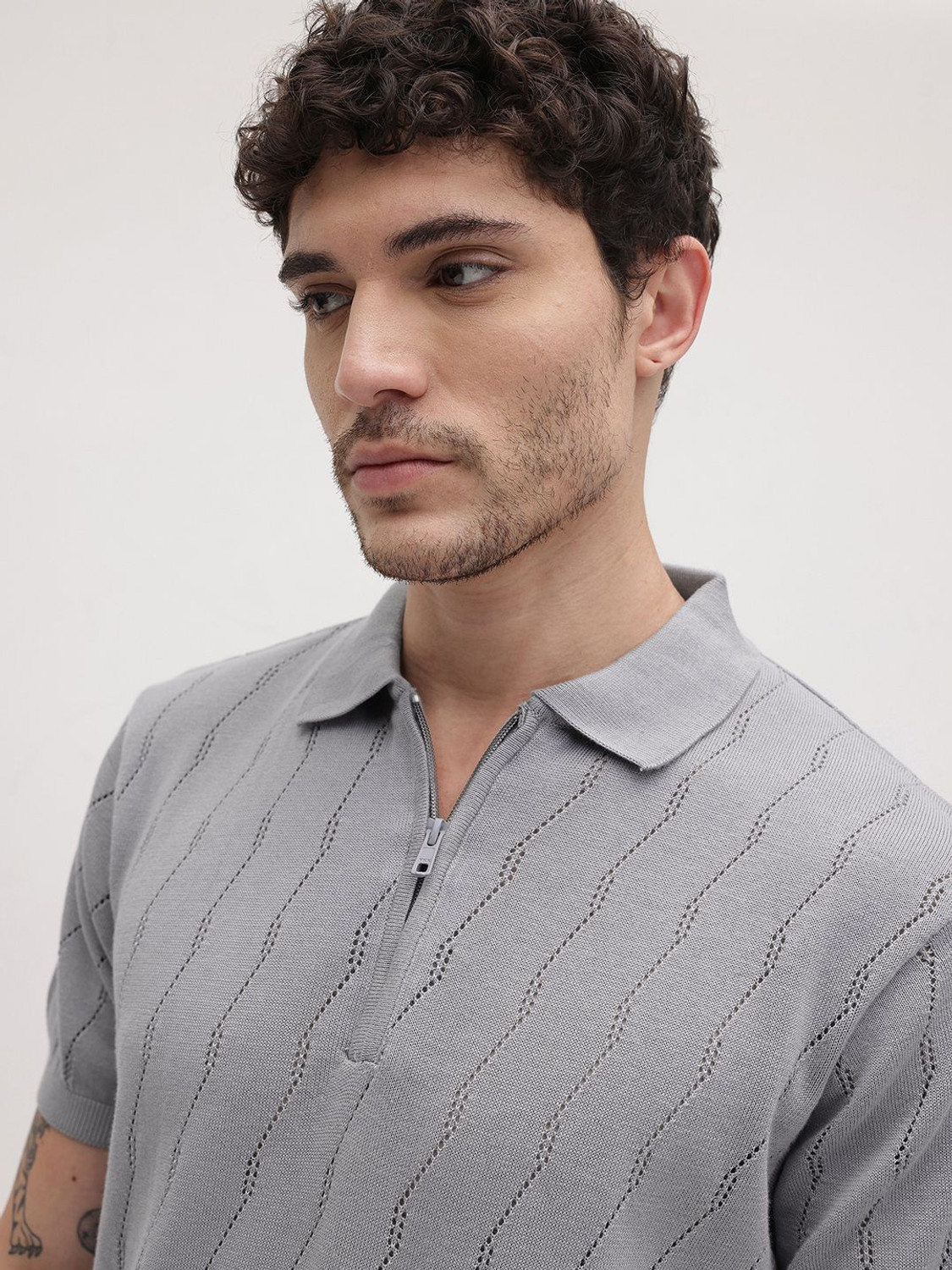 Image of Roadster Self Design Men Polo Neck Grey T-Shirt