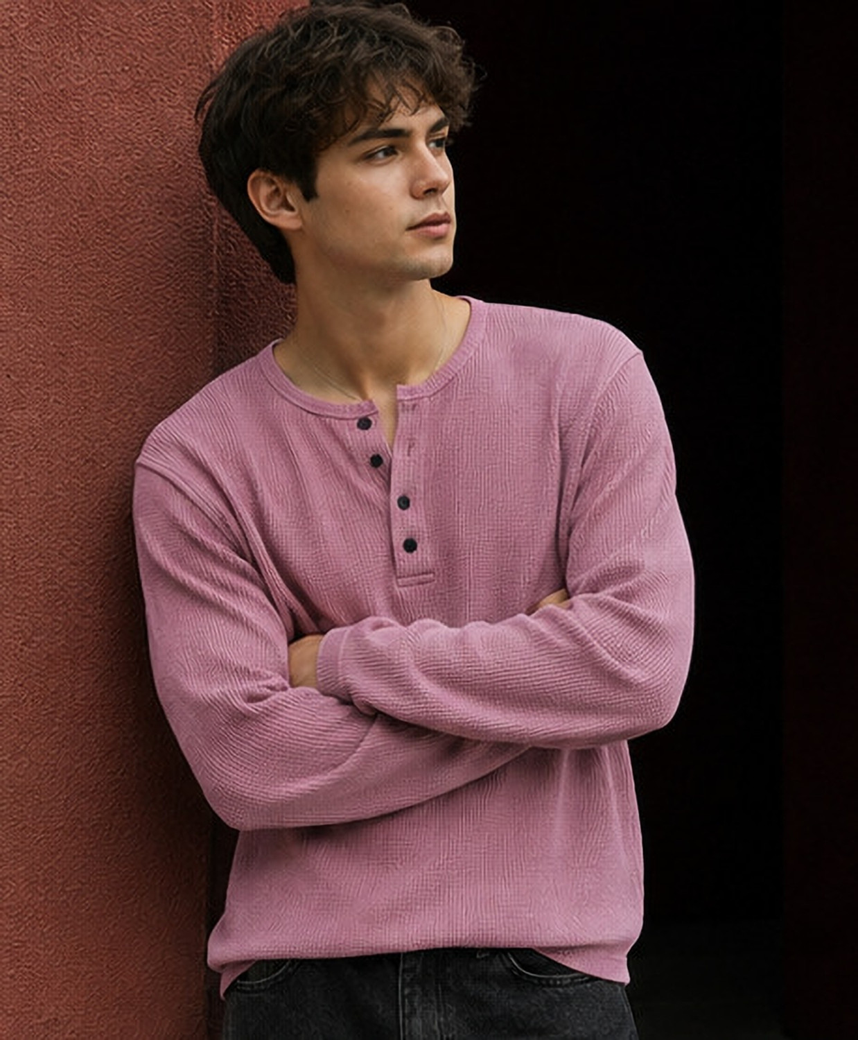 Image of NOOK Self Design Men Henley Neck Pink T-Shirt