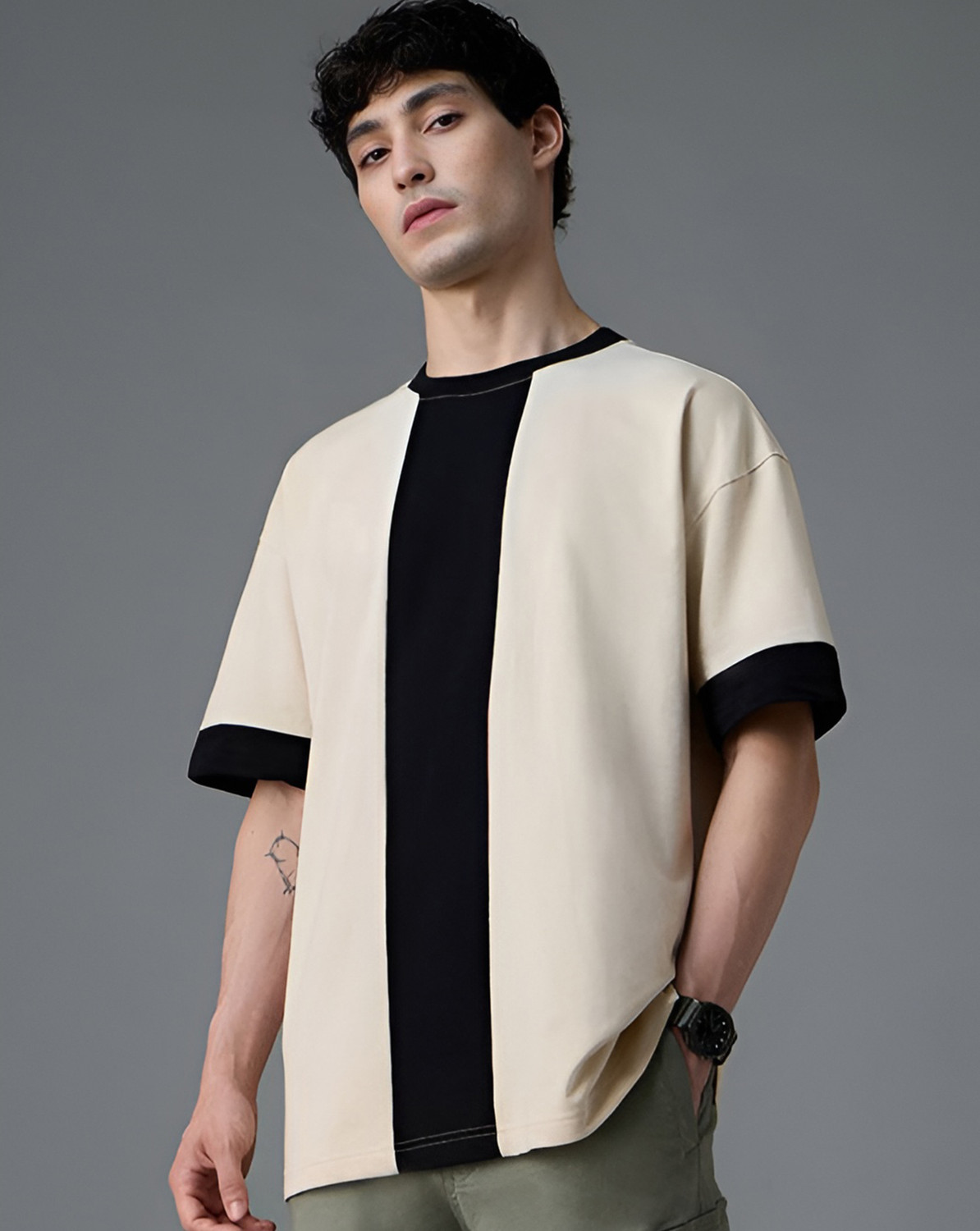 Image of GLOBAL NOMAD Colorblock Men Round Neck Beige, Black T-Shirt