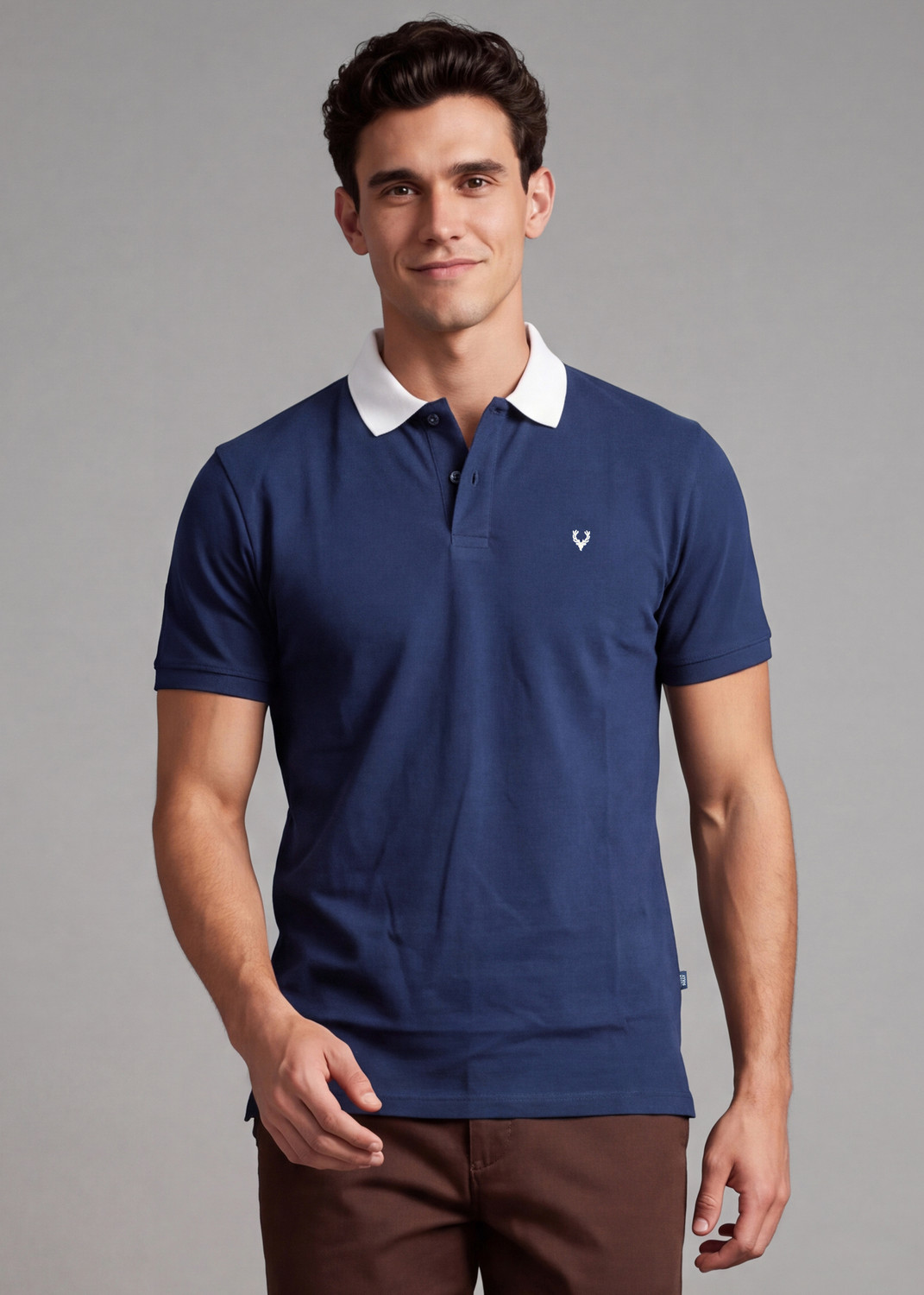 Image of Allen Solly Men Solid Polo Neck Cotton Blend Blue T-Shirt