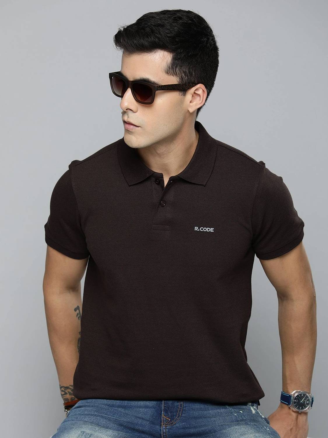 R.Code by The Roadster Life Co. Men Solid Polo Neck Cotton Blend
