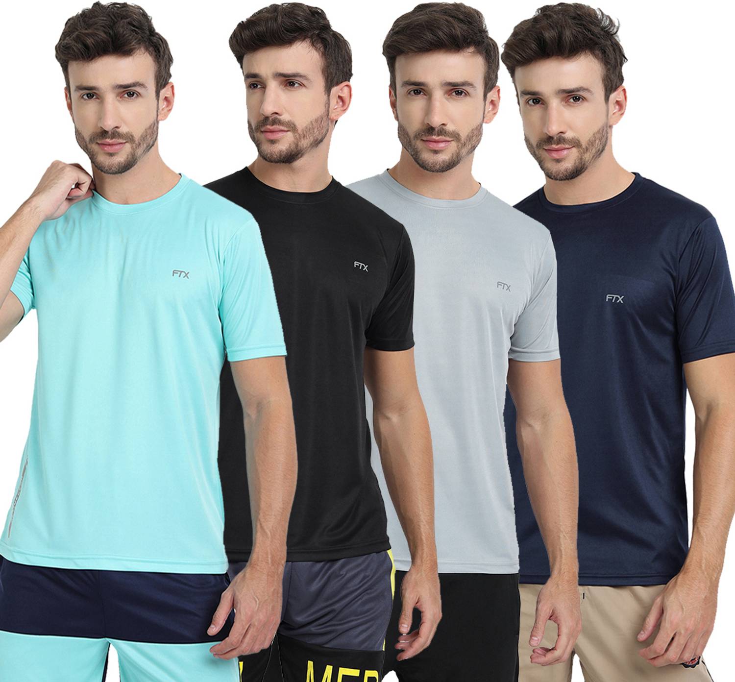 FTX Pack of 4 Men Solid Round Neck Polyester Silver, Dark Blue, L