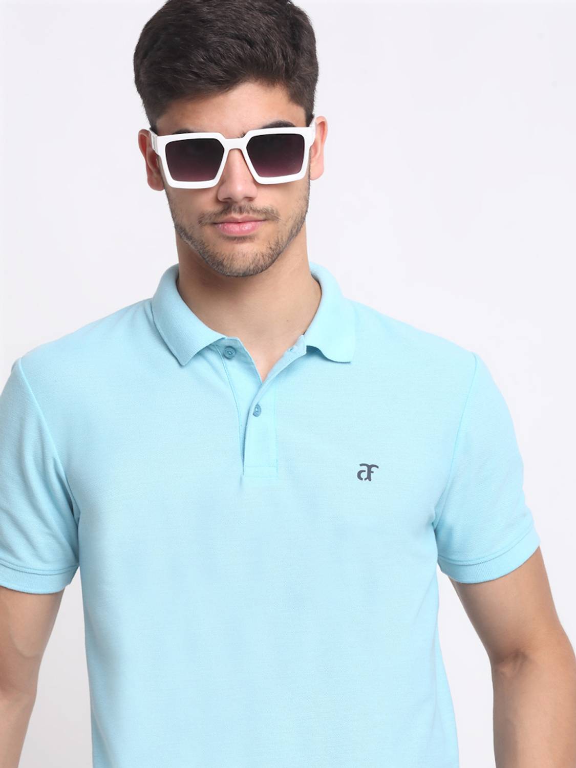 Affordable AF Solid Men Polo Neck Light Blue T-Shirt
