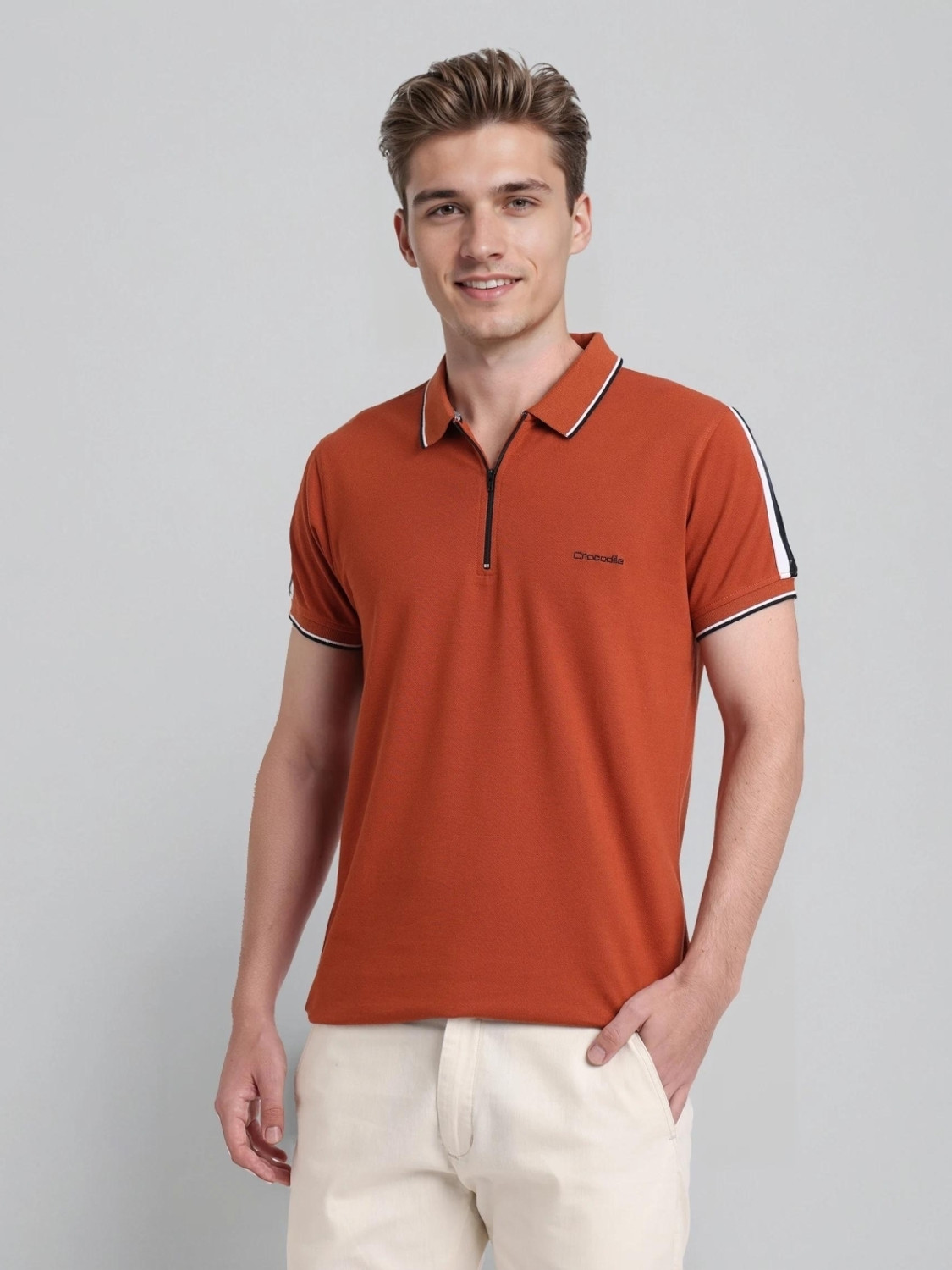 Image of CROCODILE Solid Men Polo Neck Brown T-Shirt