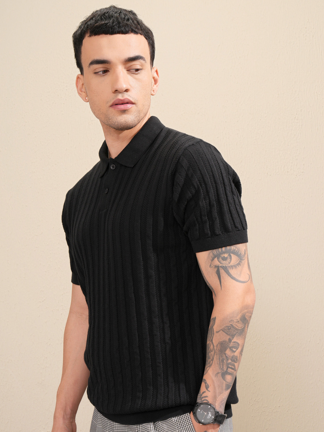 Image of HIGHLANDER Self Design Men Polo Neck Black T-Shirt