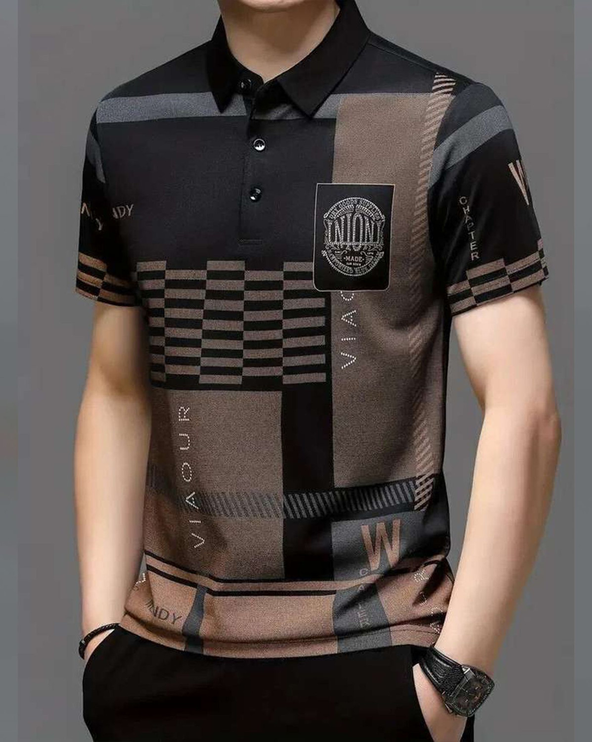 Image of AUSK Checkered Men Polo Neck Black, Grey T-Shirt