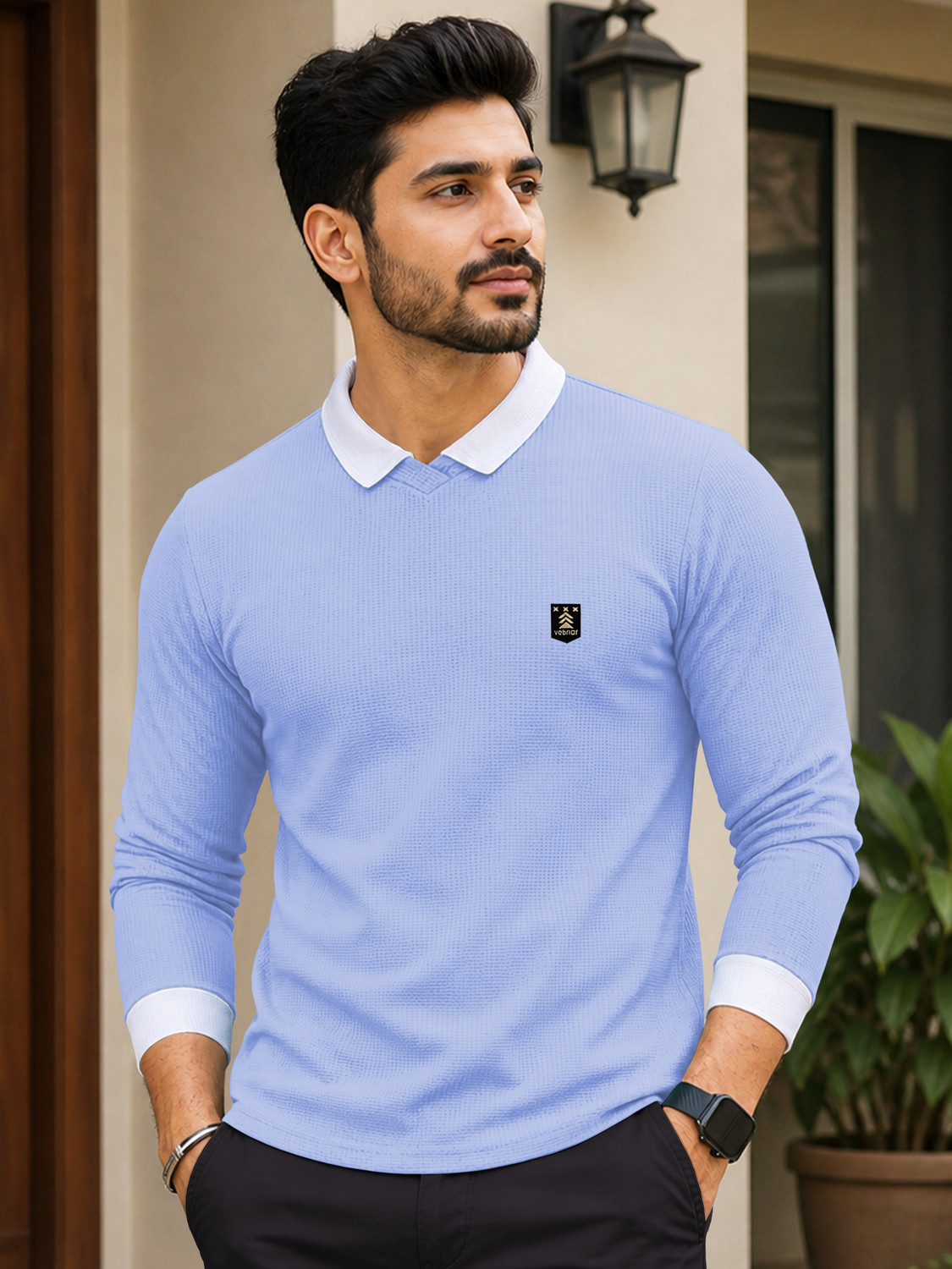 Image of VeBNoR Solid Men Polo Neck Blue T-Shirt