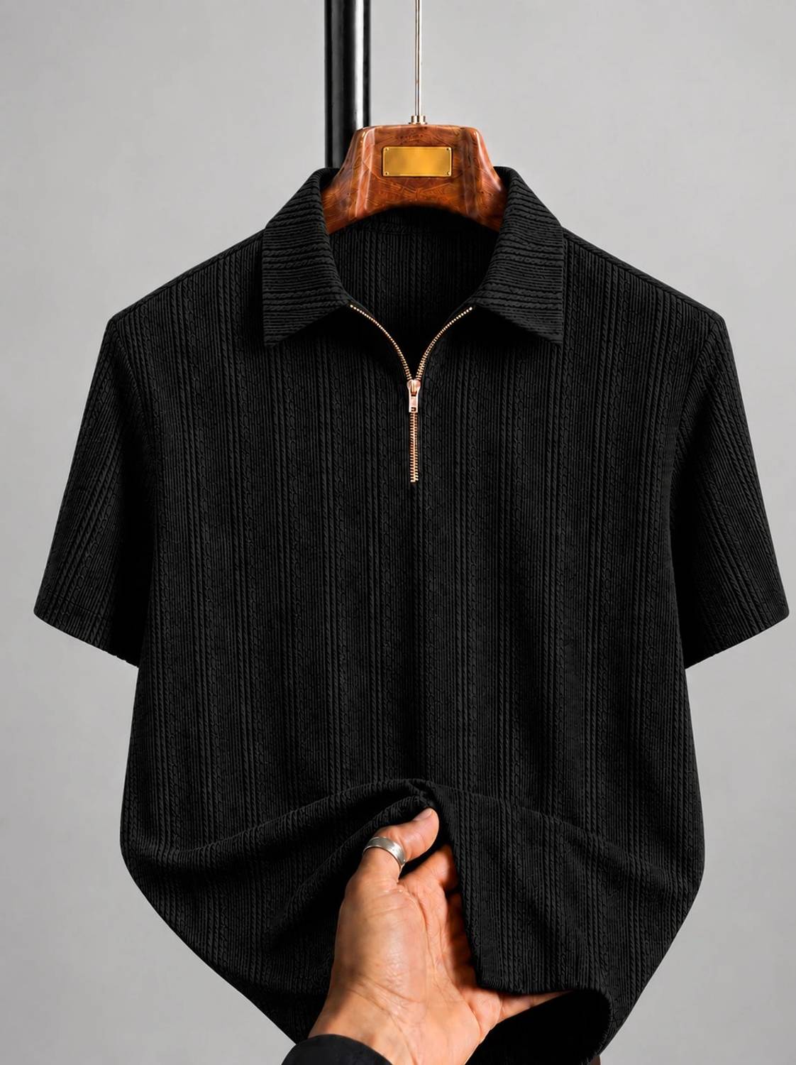 KAJARU Men Zip Neck Black T-Shirt