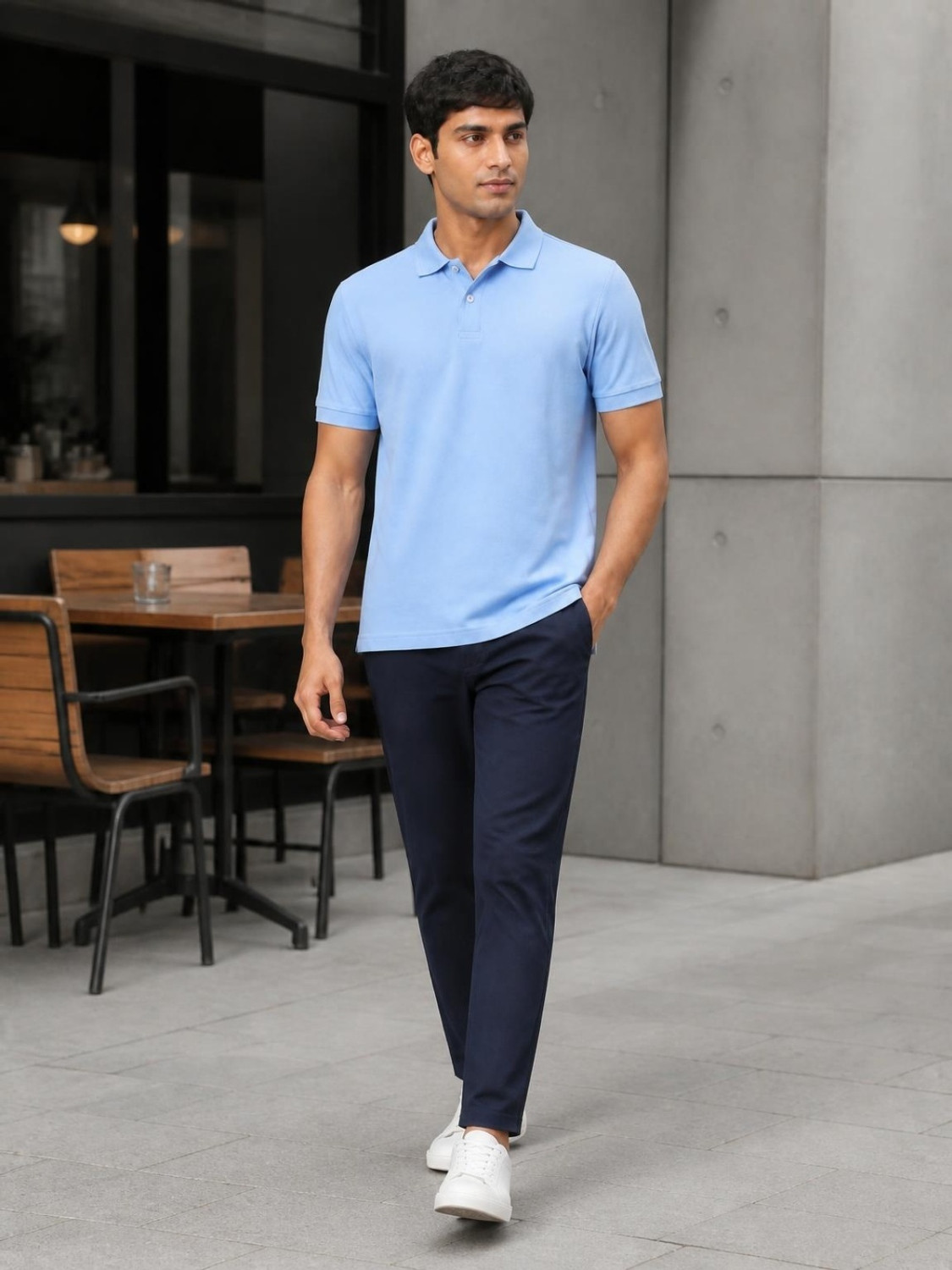 Image of Allen Solly Men Solid Polo Neck Cotton Blend Light Blue T-Shirt