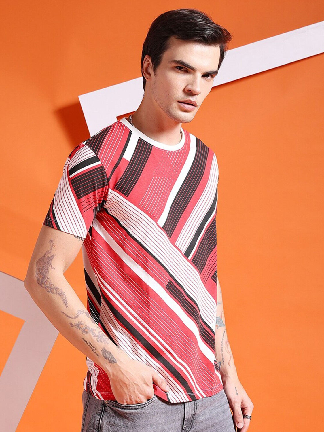 Image of The Indian Garage Co. Geometric Print Men Round Neck Red T-Shirt