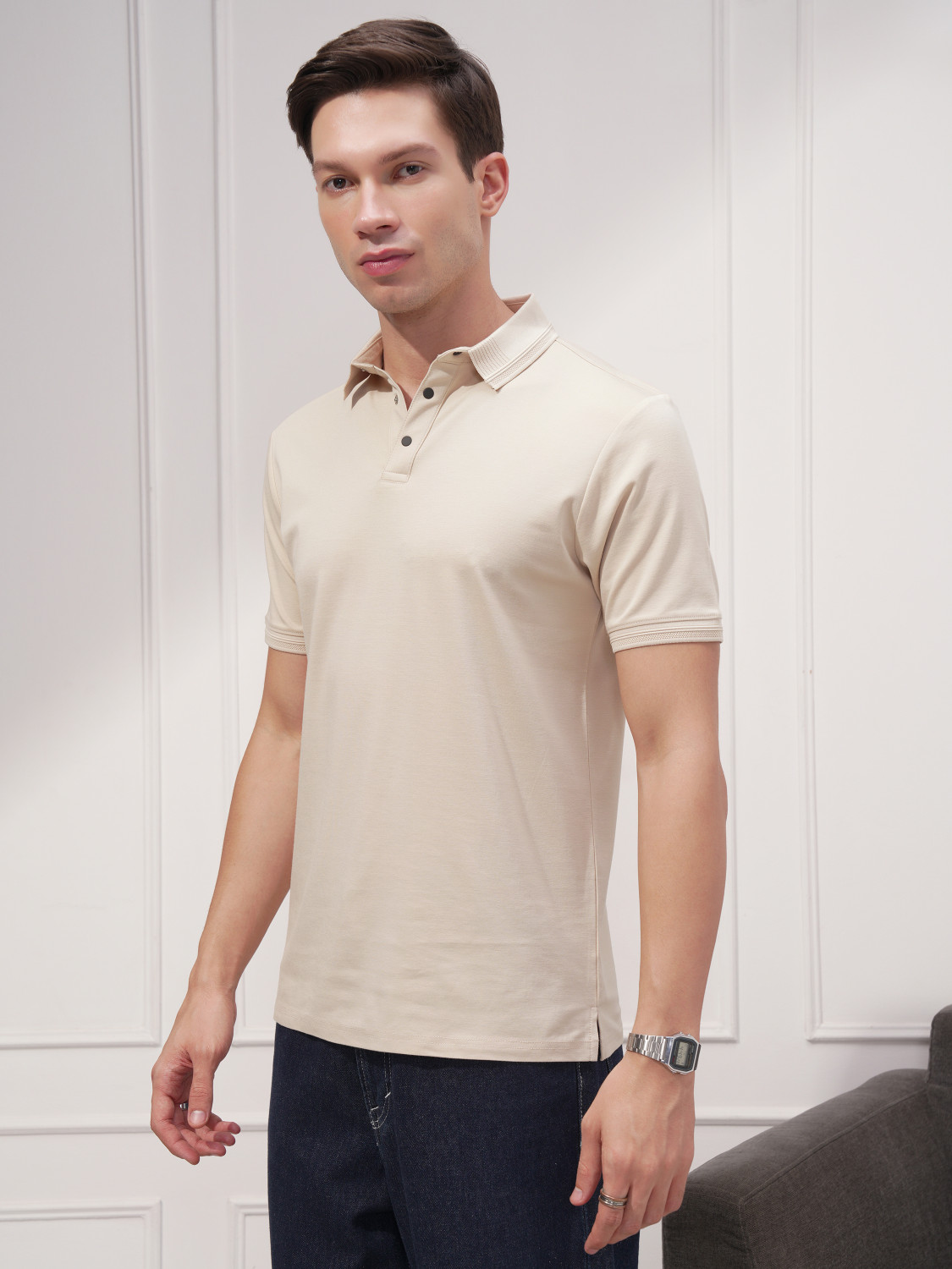 Image of HIGHLANDER Solid Men Polo Neck Beige T-Shirt