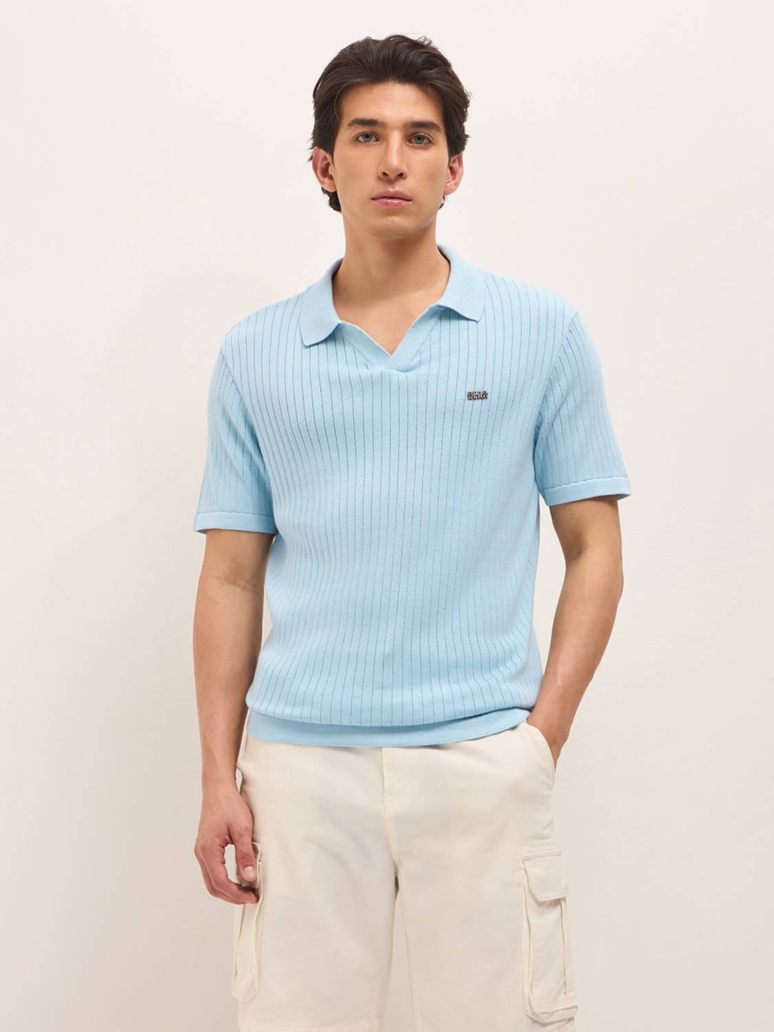 THE BEAR HOUSE Men Striped Polo Neck Pure Cotton Blue T-Shirt