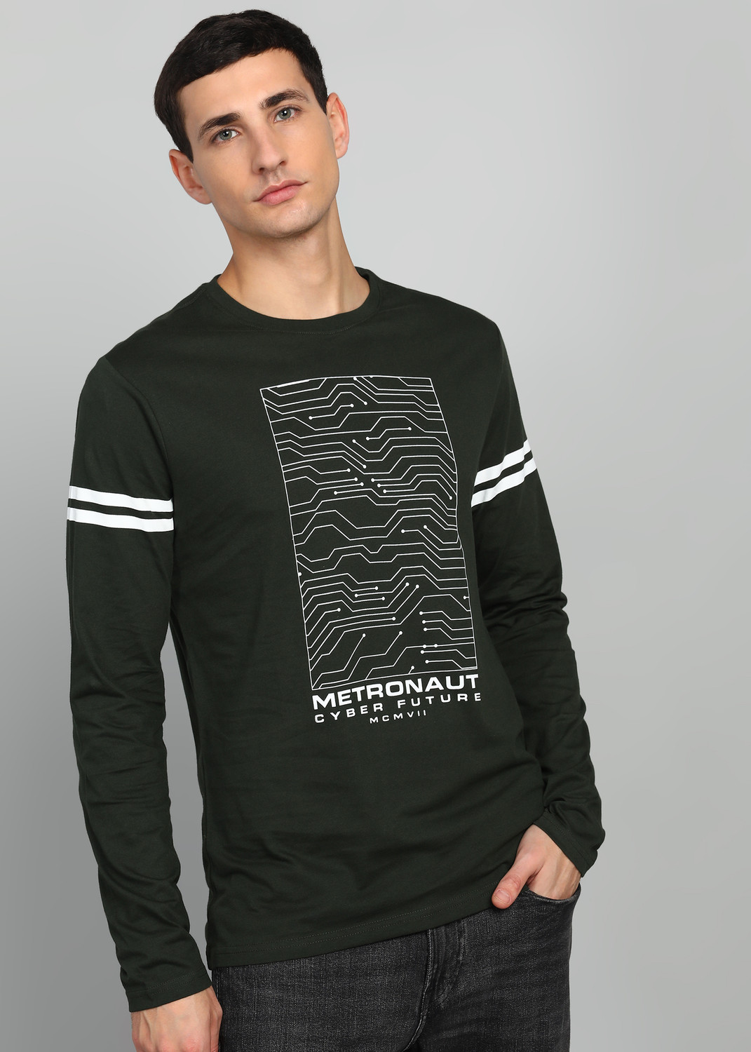 Image of METRONAUT Printed Men Round Neck Dark Green T-Shirt