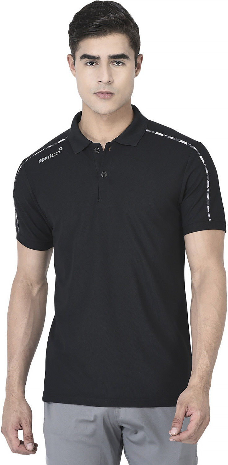 Image of Sport Sun Solid Men Polo Neck Black T-Shirt