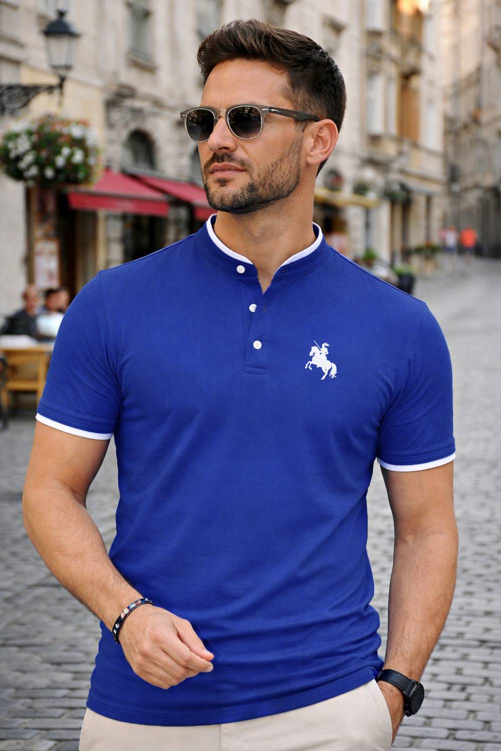 SCATCHITE Men Graphic Print Henley Neck Polyester Blue T-Shirt