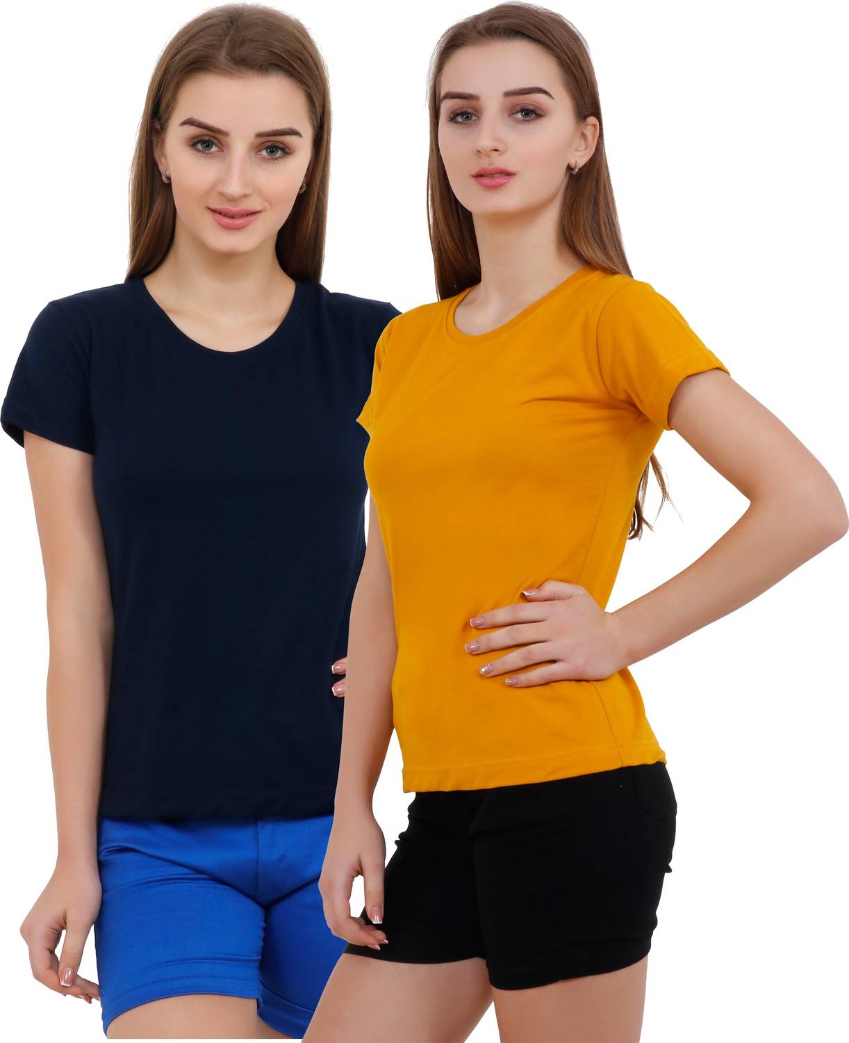 Reifica Solid Women Round Neck Blue, Yellow T-Shirt