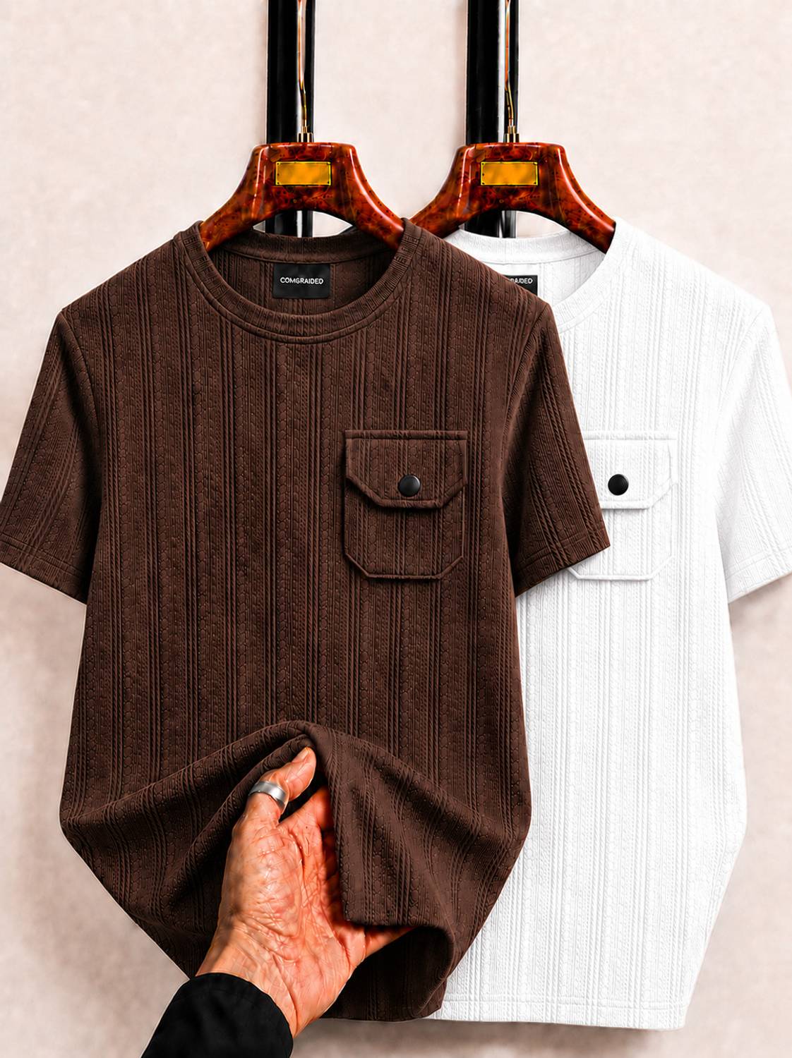 COMBRAIDED Striped Men White, Brown T-Shirt Pack of 2 - Image 1