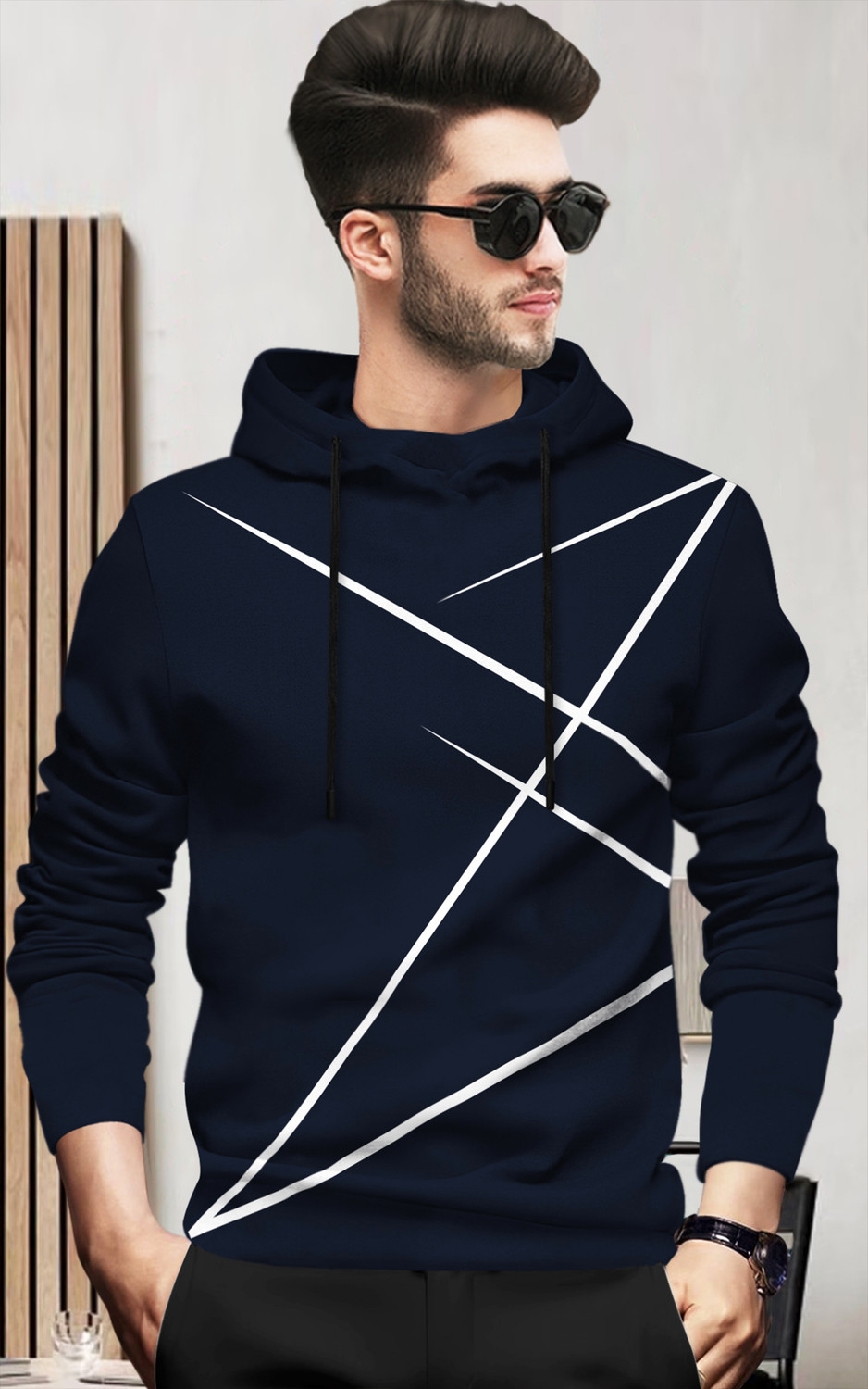 Image of BLIVE Printed Men Hooded Neck Navy Blue T-Shirt