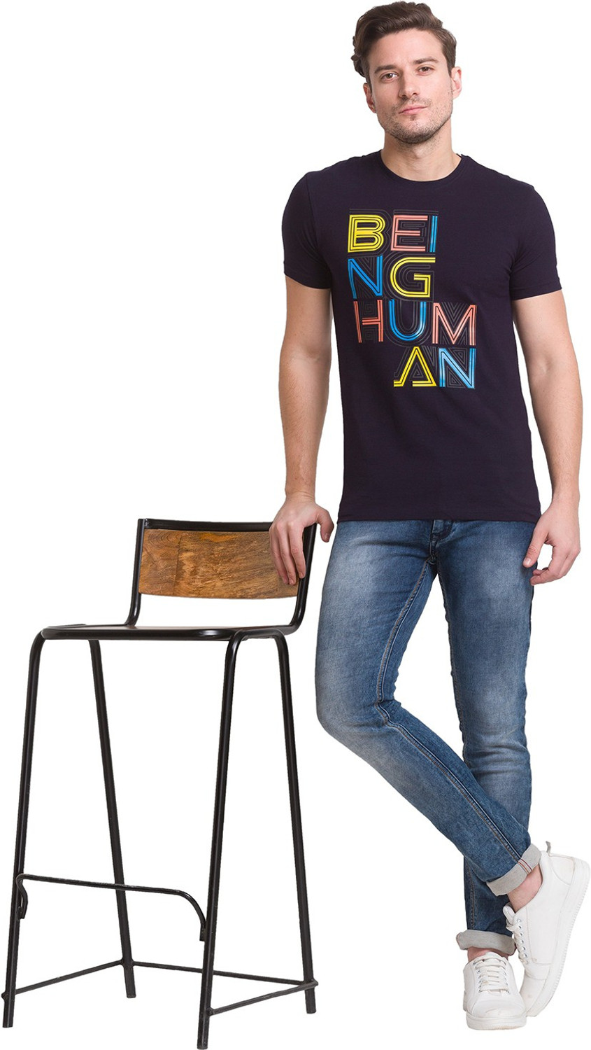 Image of BEING HUMAN Typography Men Round Neck Dark Blue T-Shirt