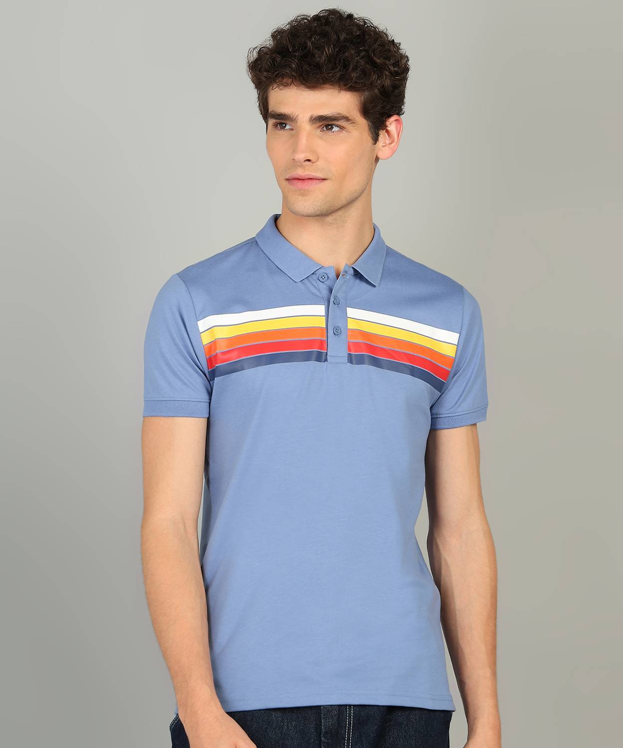 United Colors of Benetton Men Striped Polo Neck Cotton Blend Blue