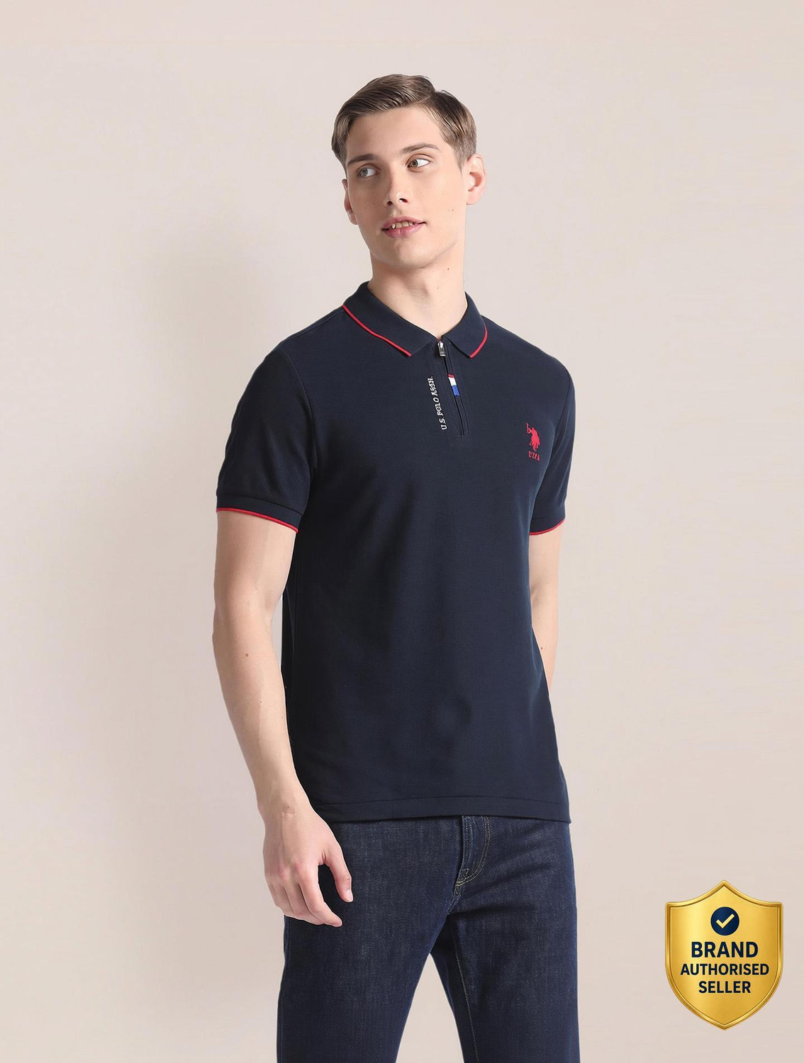 Image of U.S. POLO ASSN. Solid Men Polo Neck Blue T-Shirt