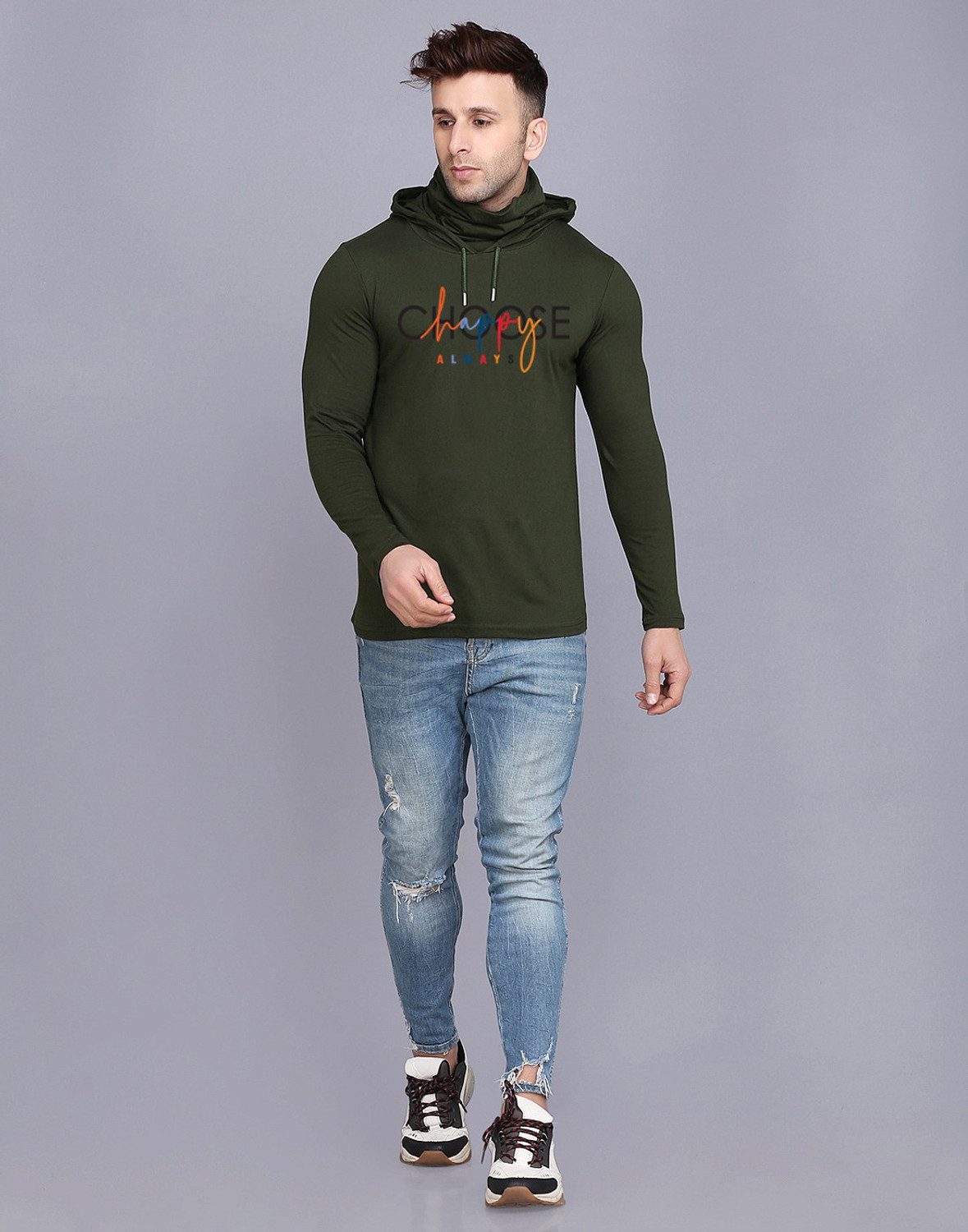 Image of TEEFOX Men Typography Hooded Neck Cotton Blend Green T-Shirt