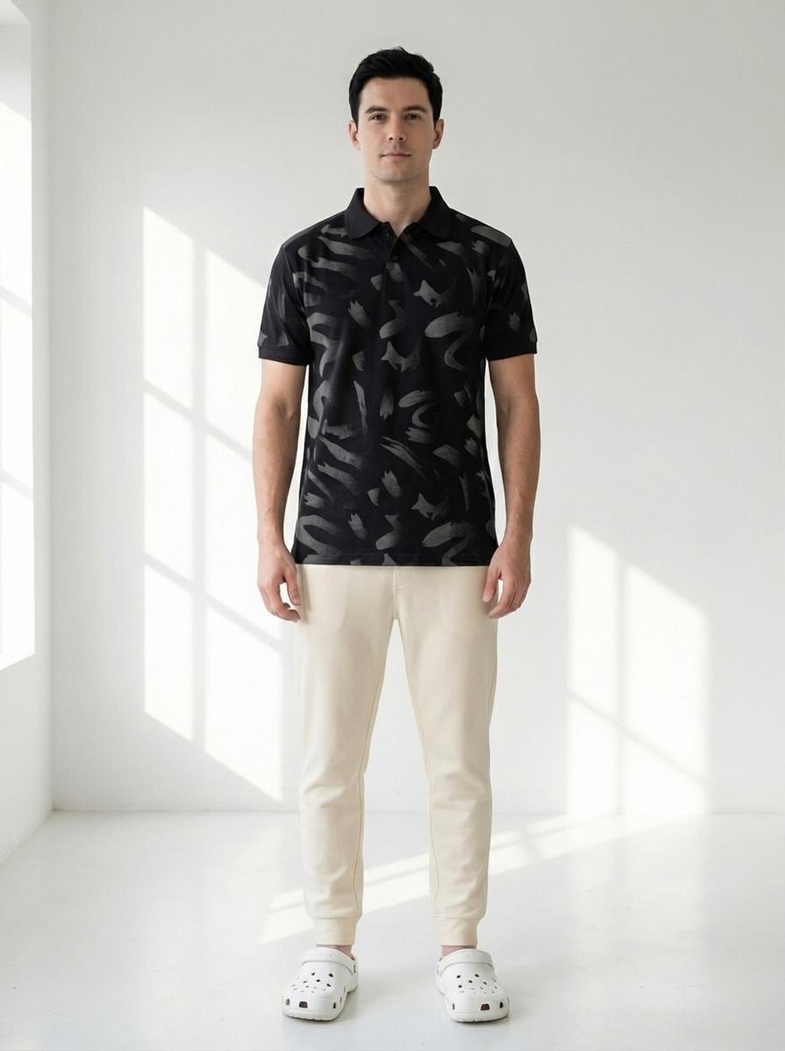 Image of Dollar Men Printed Polo Neck Cotton Blend Black T-Shirt