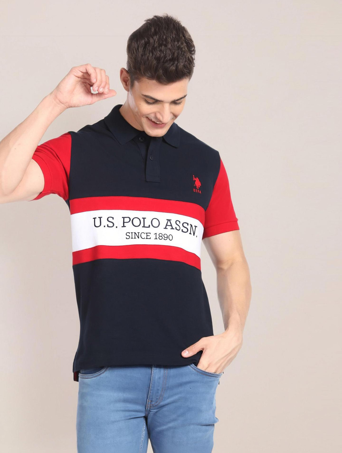 Image of U.S. POLO ASSN. Colorblock Men Polo Neck Blue T-Shirt