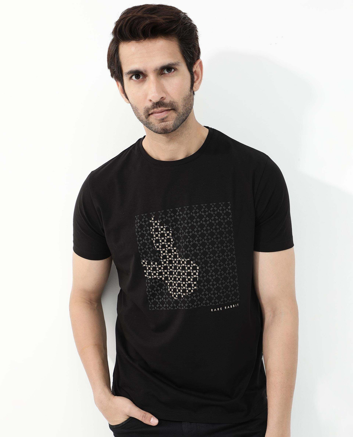 Image of RARE RABBIT Printed Men Round Neck Black T-Shirt