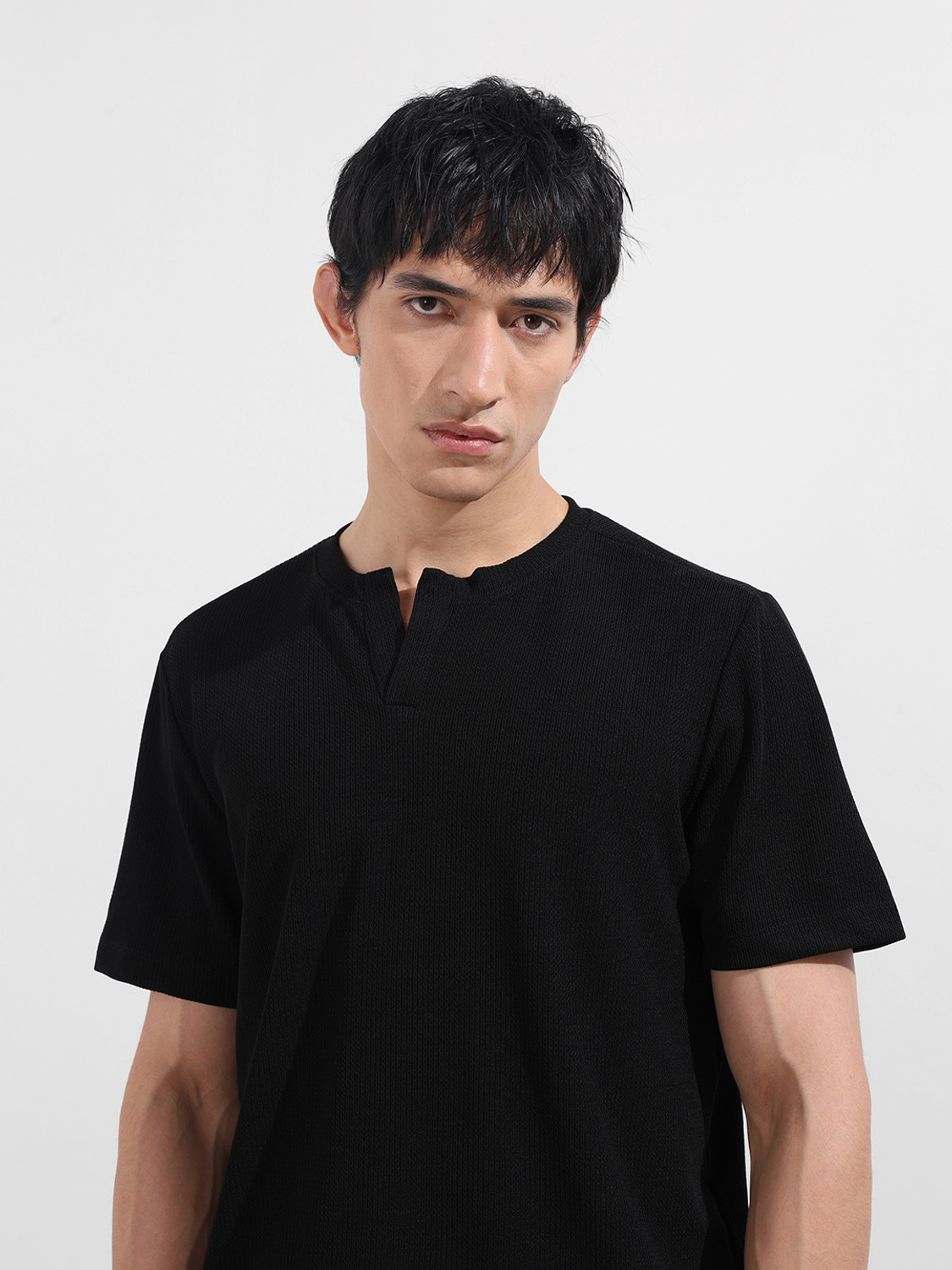 Image of The Indian Garage Co. Self Design Men V Neck Black T-Shirt