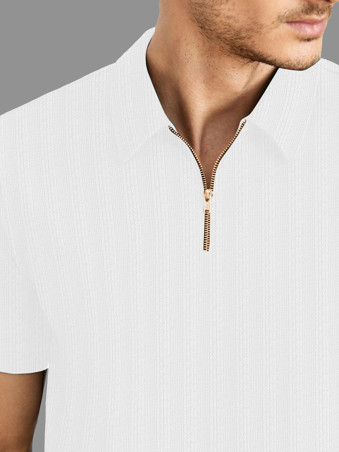 Image of KAJARU Self Design Men Zip Neck White T-Shirt