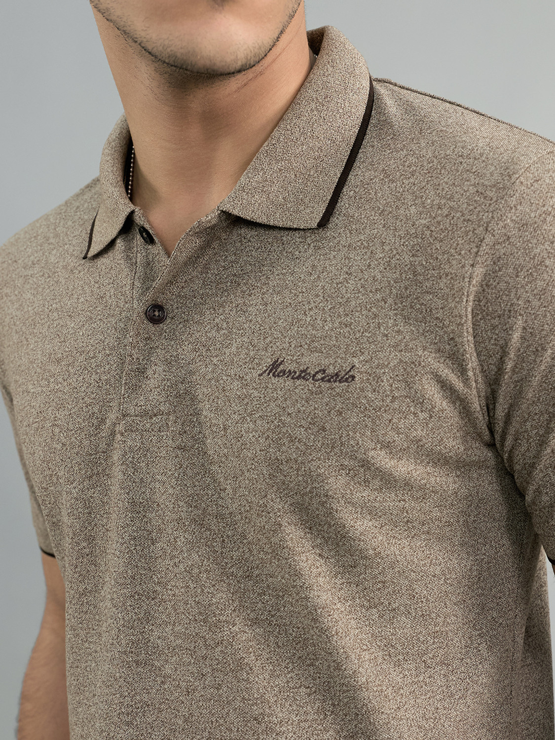 Image of MONTE CARLO Solid Men Polo Neck Beige T-Shirt