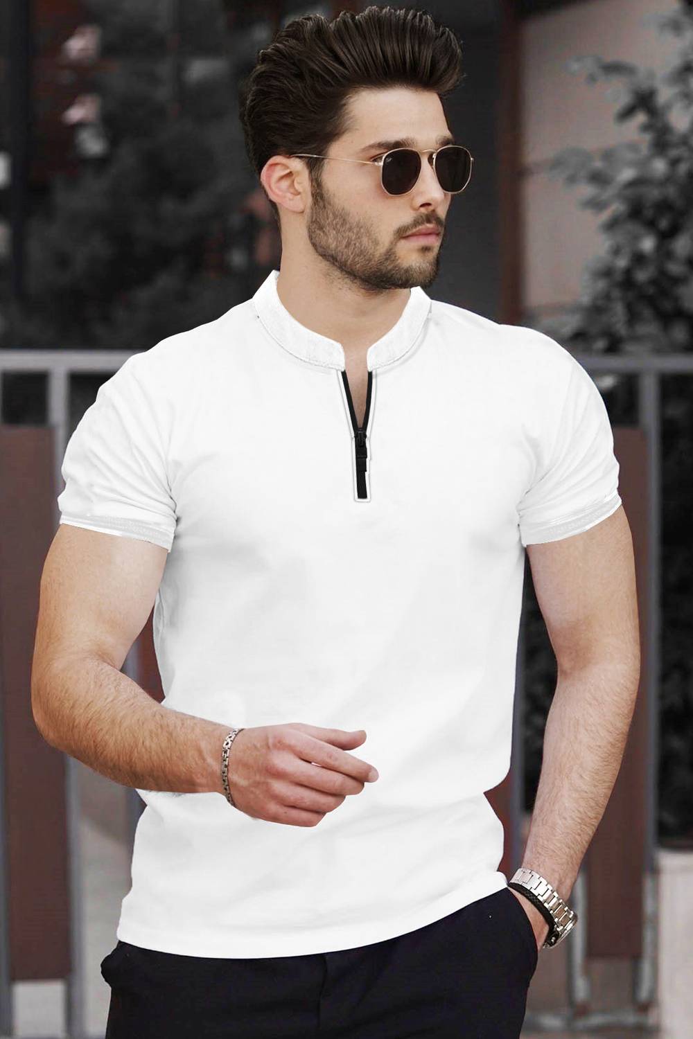 TRIPR Men Solid Mandarin Collar Cotton Blend White T-Shirt
