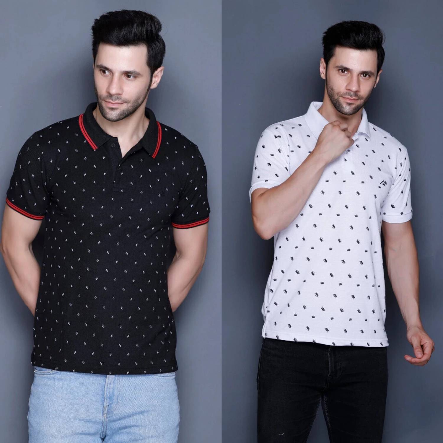 MELLOWMEN Pack of 2 Men Polka Print, Printed Polo Neck Cotton Ble