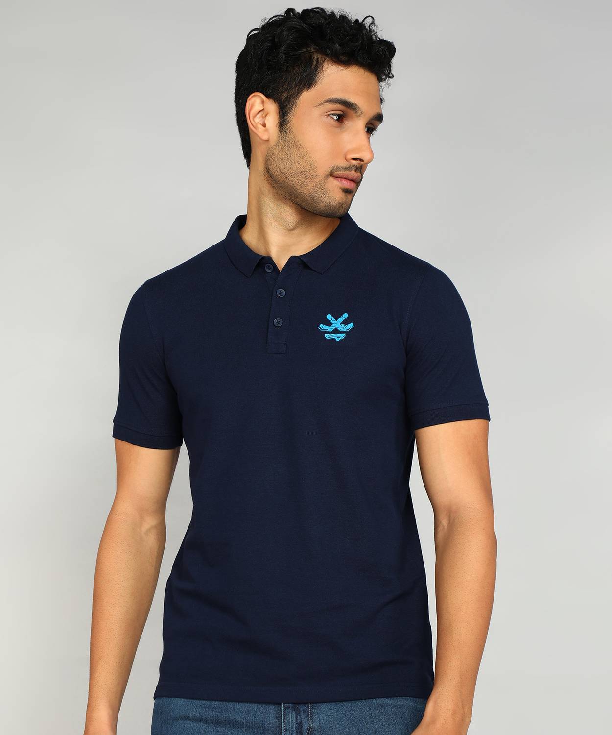 WROGN Men Solid Polo Neck Cotton Blend Blue T-Shirt