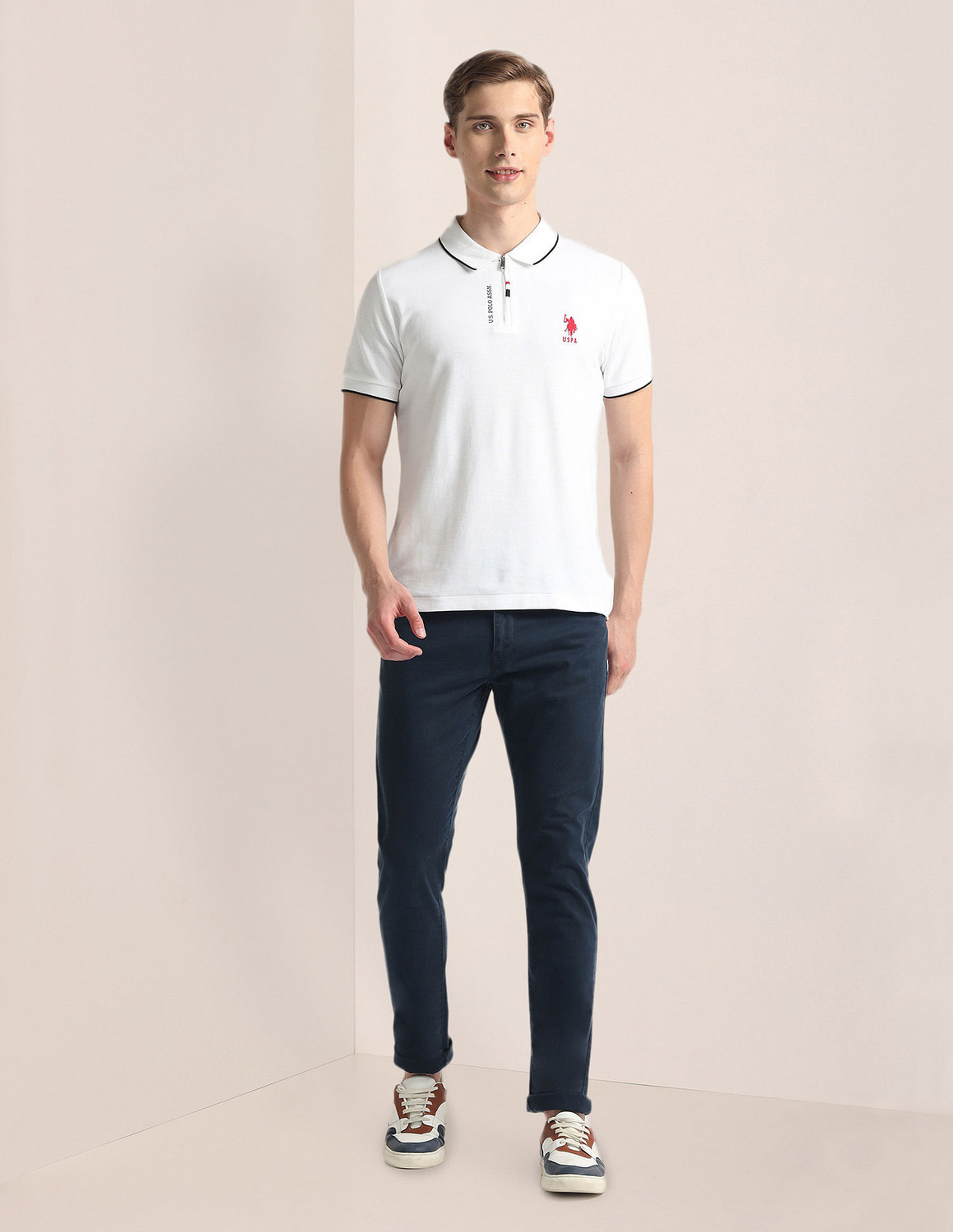 Image of U.S. POLO ASSN. Solid Men Polo Neck White T-Shirt