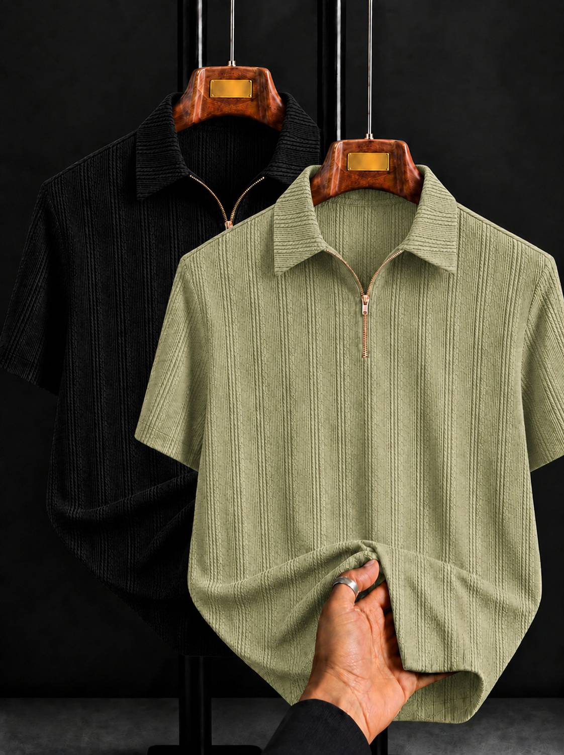 mozero Men Zip Neck Black, Light Green T-Shirt Pack of 2 - Image 1