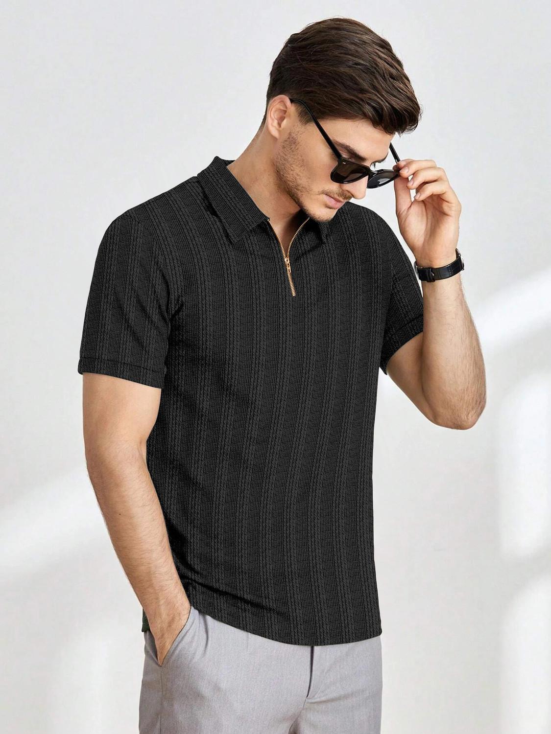 Image of COMBRAIDED Striped Men Zip Neck Black T-Shirt