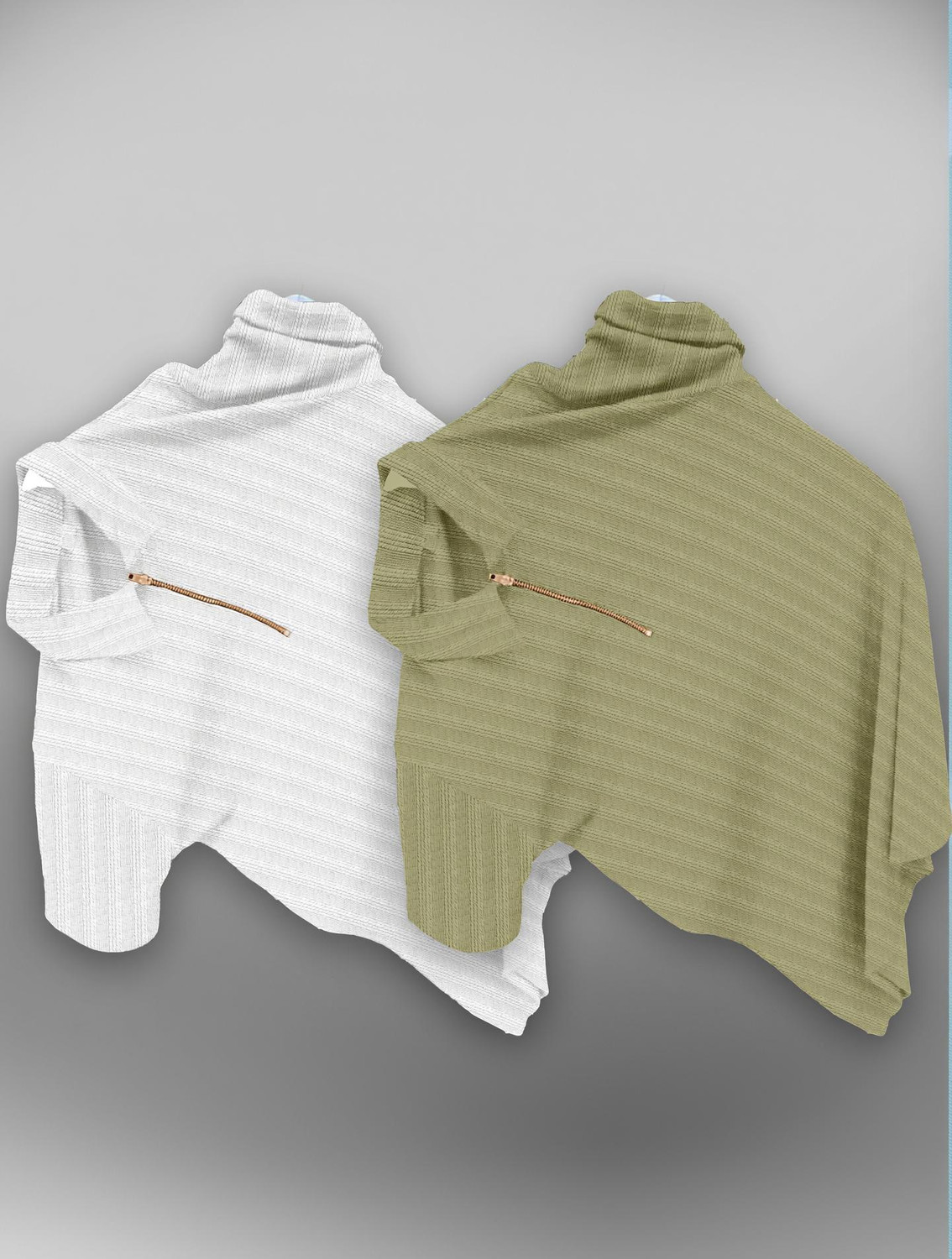 Image of COMBRAIDED Striped Men Zip Neck Light Green, White T-Shirt