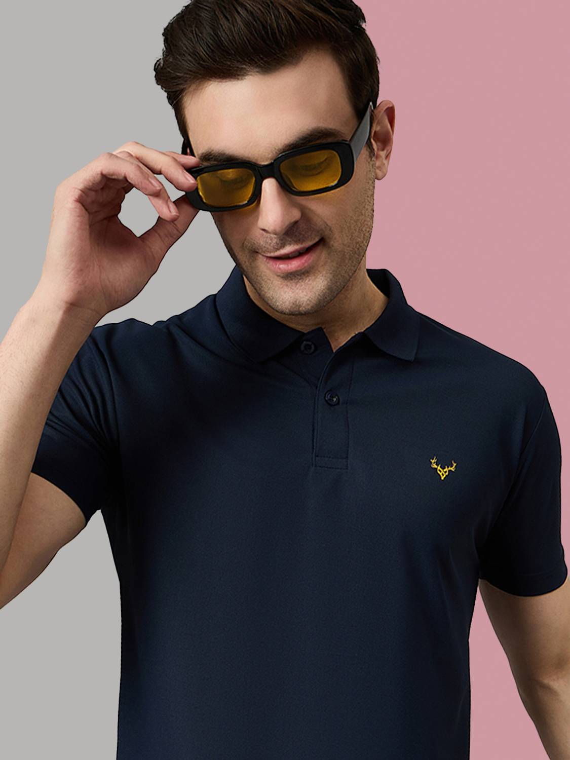 BRONATION Solid Men Polo Neck Dark Blue T-Shirt